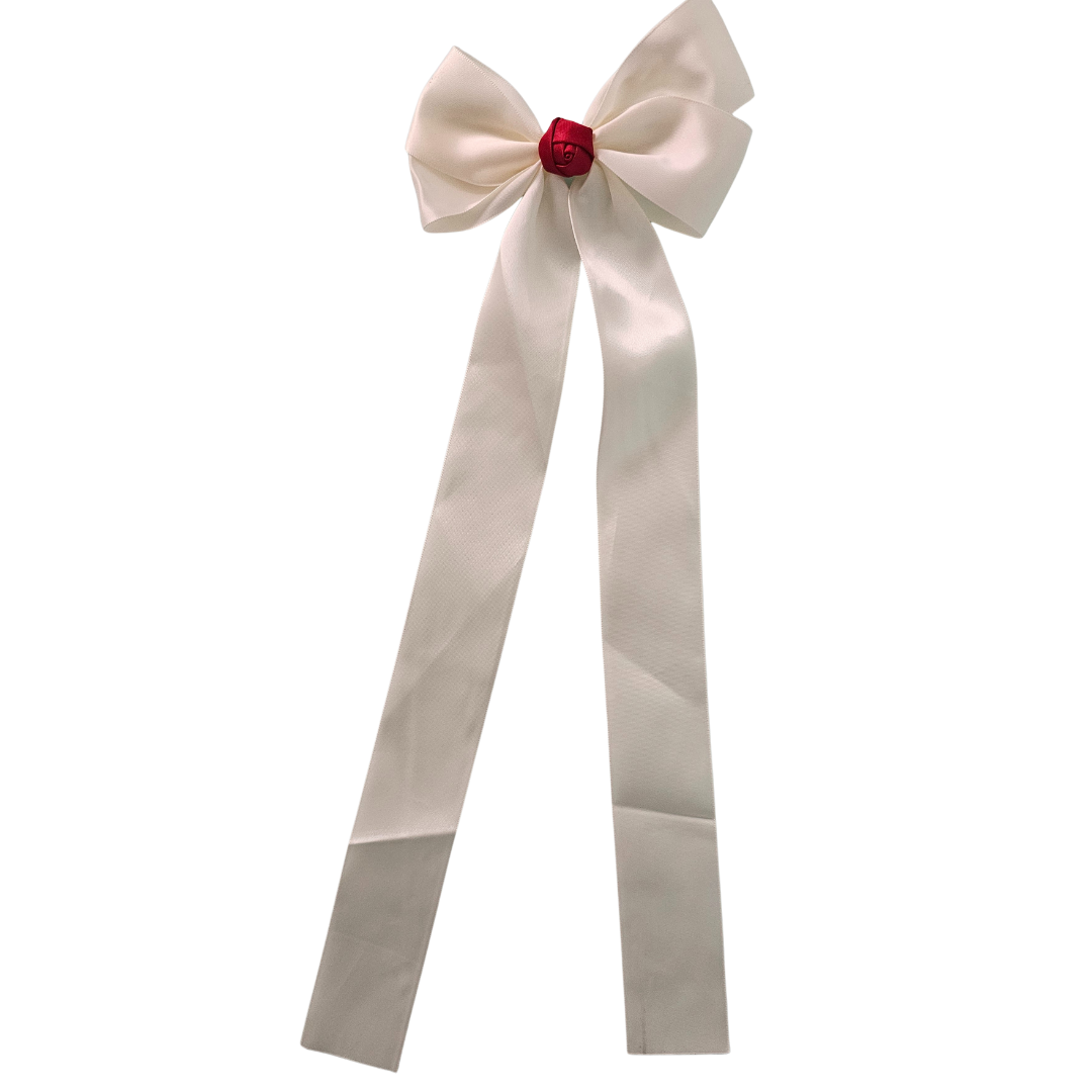 Lahniyo Elegant Satin Bow Hair Clip with Rose Embellishment | Long Ribbon Hair Accessory