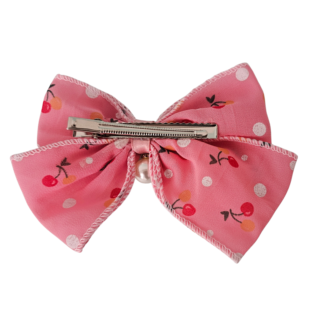 Sweet Cherry Print Hair Bow with Pearl Dangle | Polka Dot Clip for Girls/Teens