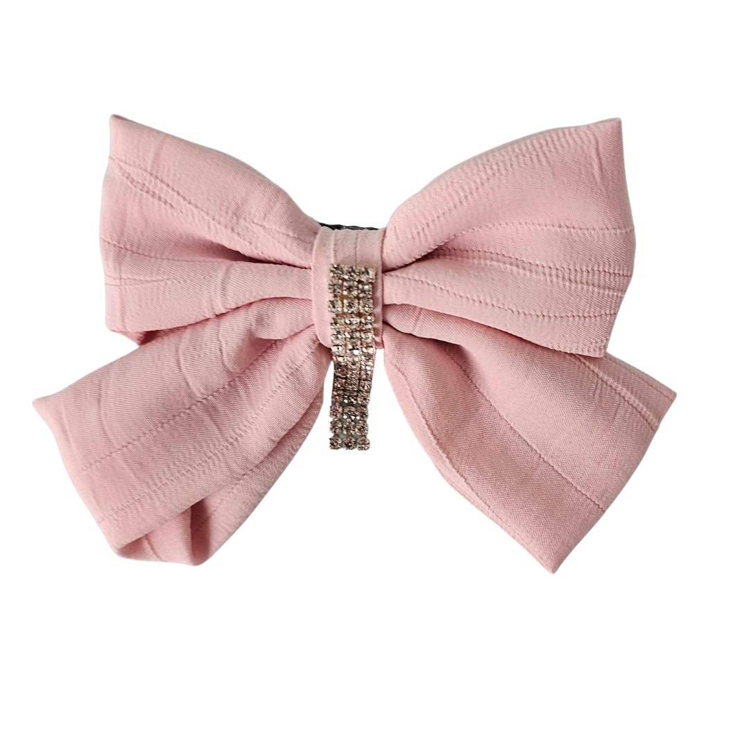 Lahniyo Textured Bow Hair Clip with Rhinestone Stripe | Elegant Embellished Hair Accessory