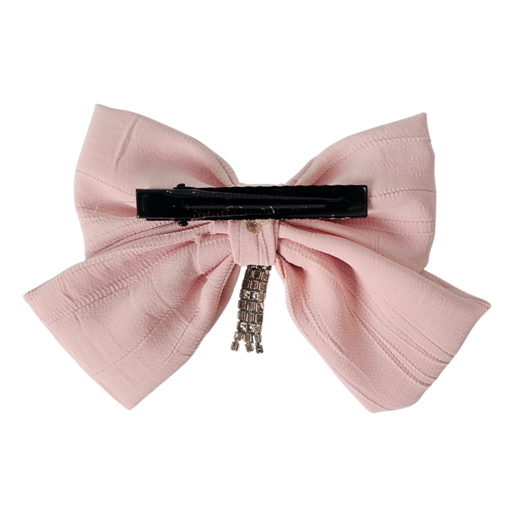 Lahniyo Textured Bow Hair Clip with Rhinestone Stripe | Elegant Embellished Hair Accessory