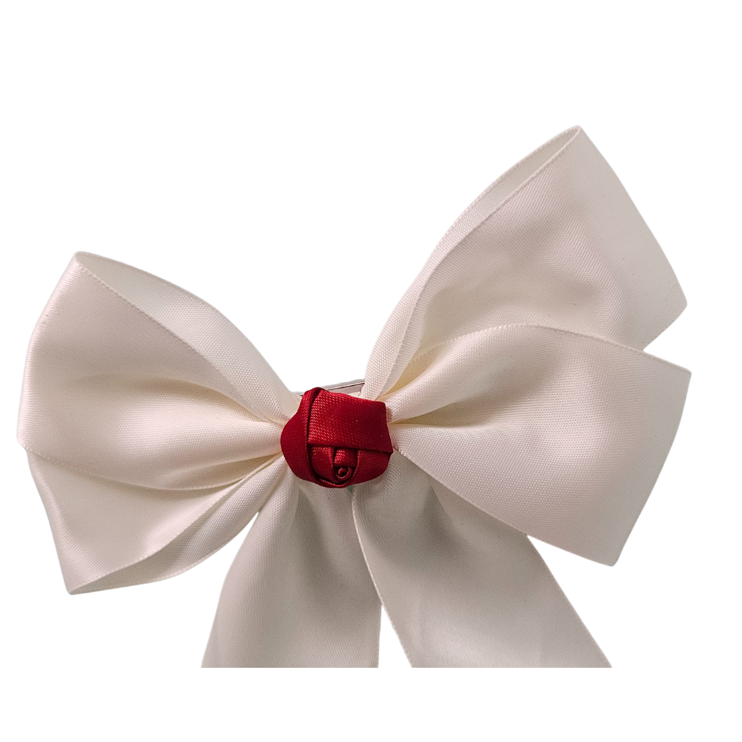 Lahniyo Elegant Satin Bow Hair Clip with Rose Embellishment | Long Ribbon Hair Accessory