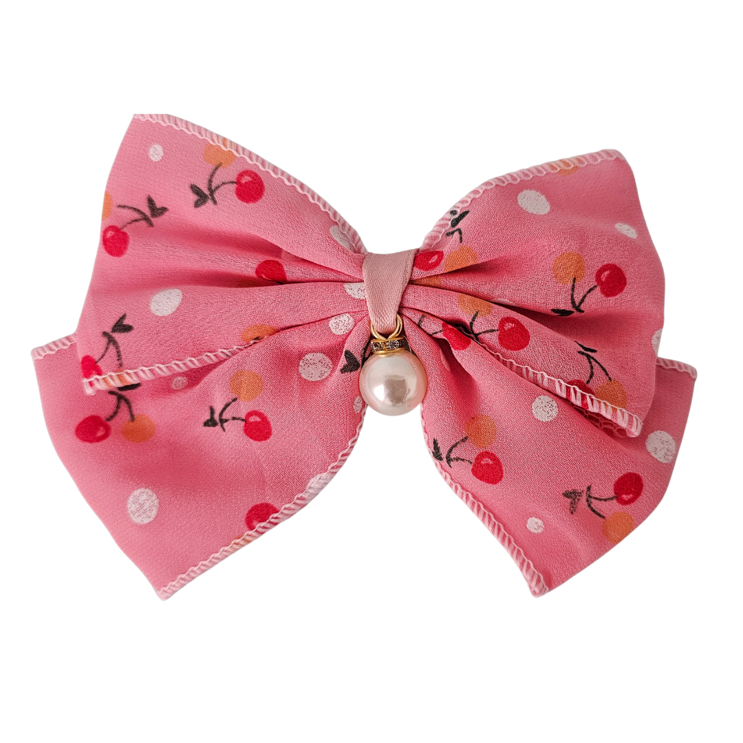 Sweet Cherry Print Hair Bow with Pearl Dangle | Polka Dot Clip for Girls/Teens